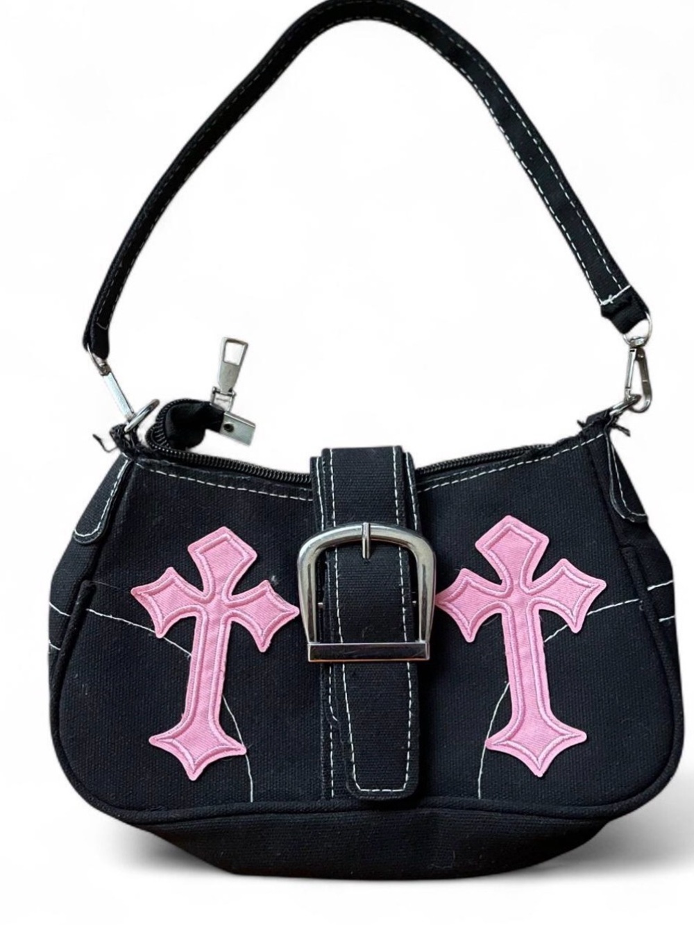 Y2K Black Pink Cross Shoulder Bag Gothic Emo Buckle Purse